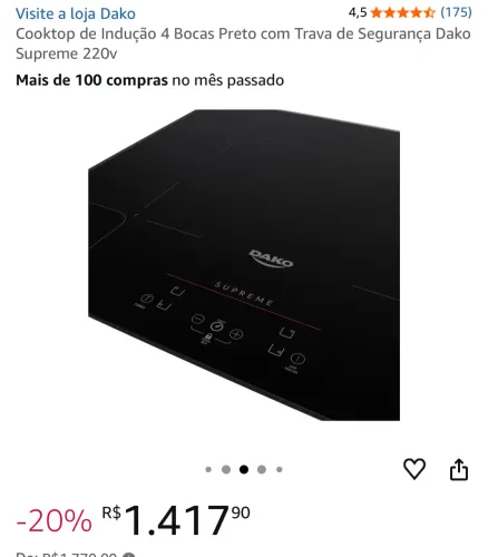 Cooktop de Indução 4 Bocas Preto com Trava de Segurança Dako Supreme 220v