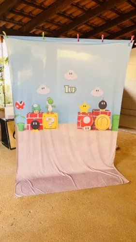 Painel Fotográfico em Tecido Mario World para Eventos e Fotografias