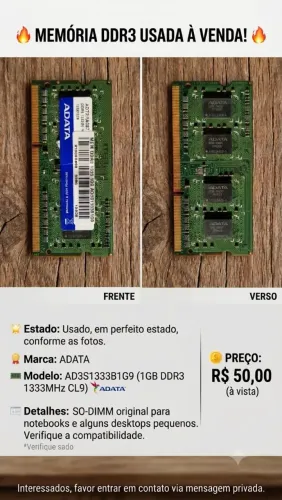 BARATO DEMAIS! Memória Notebook ADATA 1GB DDR3 1333MHz - R$ 50,00 (PECHINCHA)