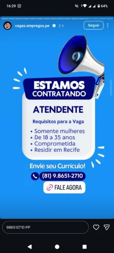 VAGA PARA ATENDIMENTO EM LOJA