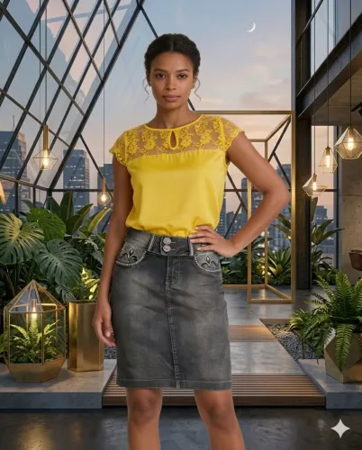 Saia jeans e Blusa em tecido