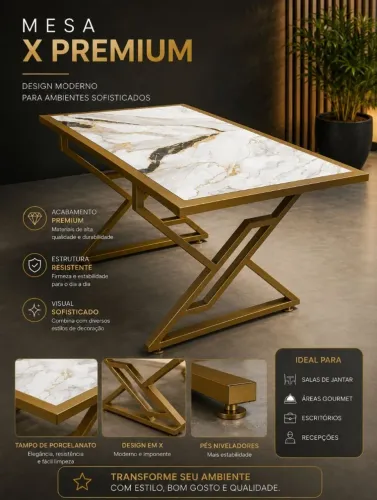 Mesa de Jantar Premium - Design Exclusivo em Metalon e Porcelanato Marmorizado