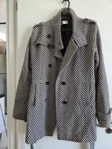 Casaco Sobretudo Feminino Pied de Poule Preto e Branco - Tamanho 44
