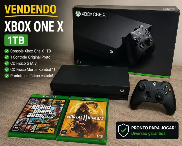 Xbox One X 1TB com 1 controle preto + CDs GTA V e Mortal Kombat 11