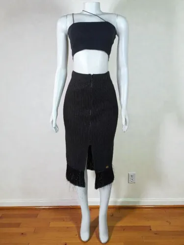 Saia midi em tricot Carmen steffens zíper com franjas preto Tam M