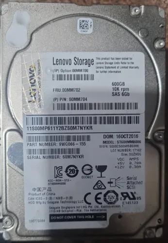 Disco Rigido HD Lenovo 600gb sas 10k Pn 00mm702