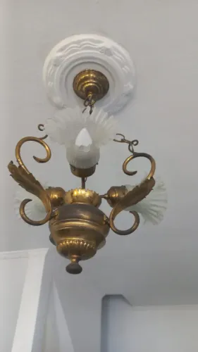 Lustre Antigo Vintage 3 Braços com Tulipas de Vidro