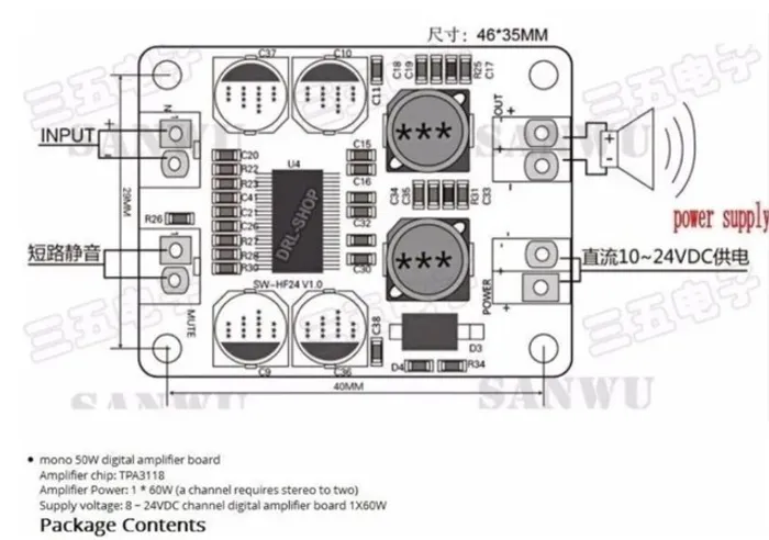 Amplificador 60w Mono 1 Canal Classe D 12-24 Volts Tpa3118 Arduino Automação COD-AM405 