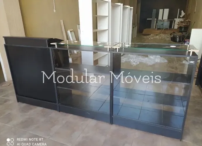 Balcão Caixa + 2 Balcões Vitrine com Tampo de Vidro - Preto