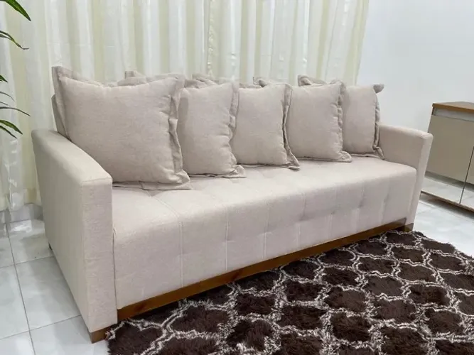 Sofá Cama Casal 2.10m - Bege Linho l8 Molas Bonnel