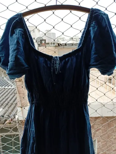 Vestido Longo azul claro jeans com mangas bufantes lindo