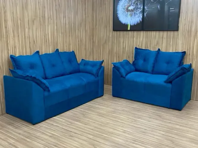 Conjunto Sofá 2 e 3 Lugares Suede Azul