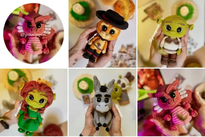 Amigurumi Shrek Fiona Gato de Botas Burro Dragão Fêmea Personagem Presente Personalizado