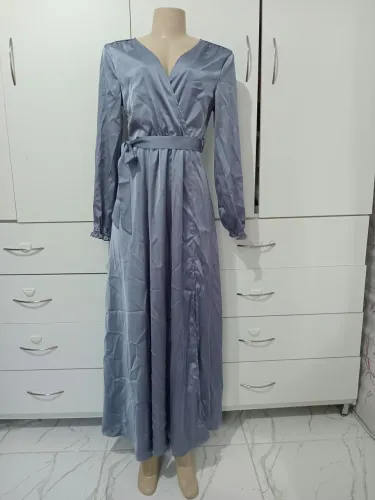 Vestido de festa Longo Drapeado Azul Acetinado