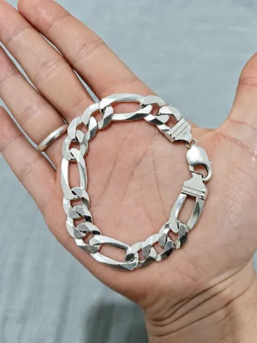 Pulseira Prata 925 Masculina 13mm 23cm Modelo Fígaro 3x1 Maciça