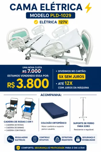 Cama Eletrica Hospitalar + Colchão Ortopedico + Cadeira de Banho e Rodas + Suporte de Soro