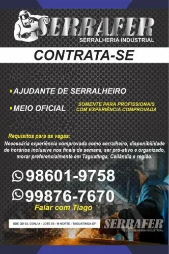 Vagas de emprego ajudante de serralheiro e meio oficial
