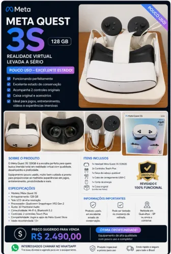 Meta Quest 3S 128 GB em excelente estado de conservação e com pouco uso.