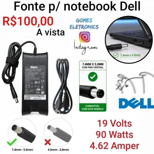 Fonte pra notebook Dell 90w - 19,5v - 4.62a carregador para notebook Dell (Loja Fisica)