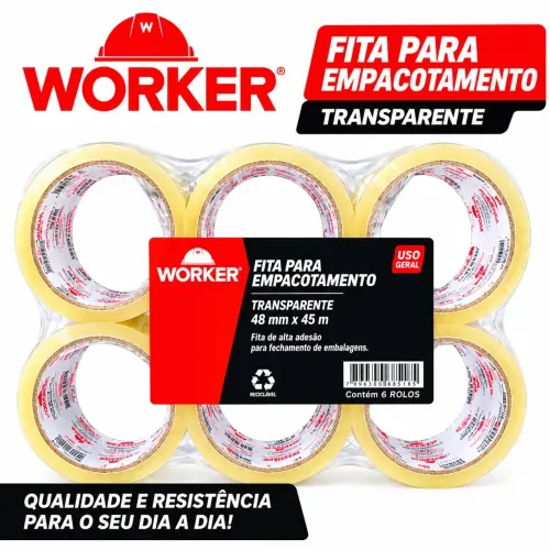 KIT 6 ROLOS DE FITA ADESIVA TRANSPARENTE WORKER 48MM X 45M