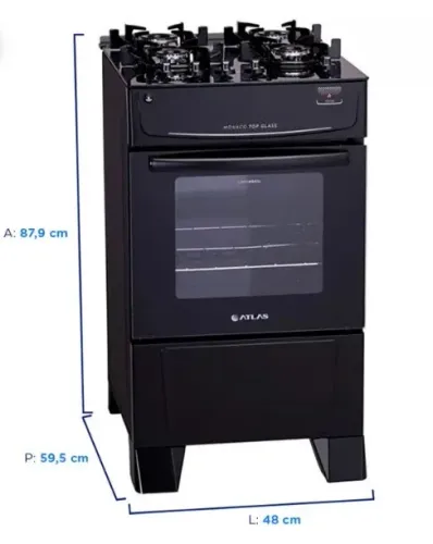 Fogão Atlas 4 Bocas Mônaco Top Glass Automático Mesa de Vidro Forno 50L - Preto - Bivolt