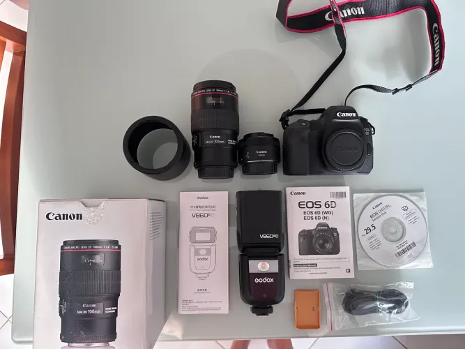 Canon 6d 8mil cliques + lente 100mm 2.8 L + lente 50 1.8 + flash a bateria godox