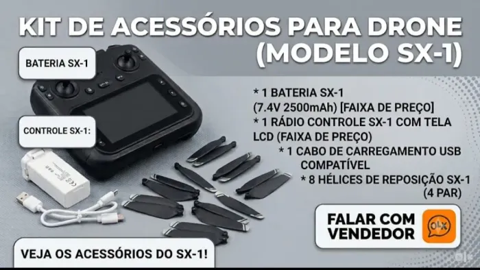 ? Kit de Acessórios para Drone SX-1 (Usado) - Controle com Tela LCD + Bateria + Hélices