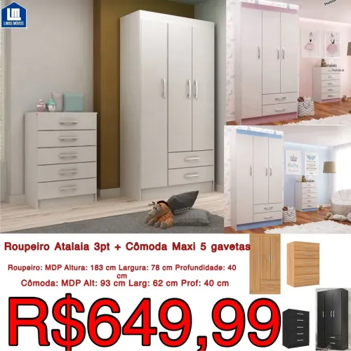 Guarda Roupa Atalaia 3 Portas + Cômoda Maxi