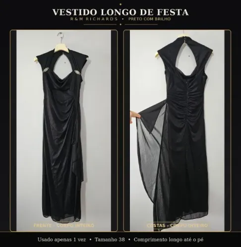 Vestido Longo de Festa Preto Brilho R&M Richards - Tam 38 (BR) - Usado 1x
