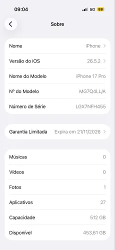 Iphone 17 Pro 512gb na garantia zerado bateria 100%