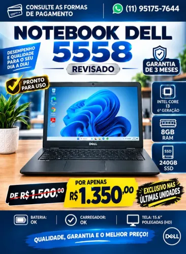 Notebook Dell, 8 gb de memória e SSD de 240gb