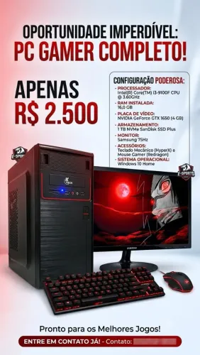 PC Gamer Completo i3 9ª Gen / GTX 1650 / 16GB RAM / SSD NVMe 1TB / Monitor Samsung 75Hz