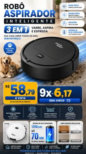 Robô Aspirador Inteligente 3 em 1 Varre Aspira e Esfrega