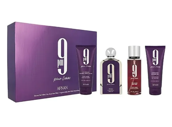 Kit Afnan 9PM Femme Perfume Eau de Parfum 100ml + Gel de Banho + Loção Corporal + Spray