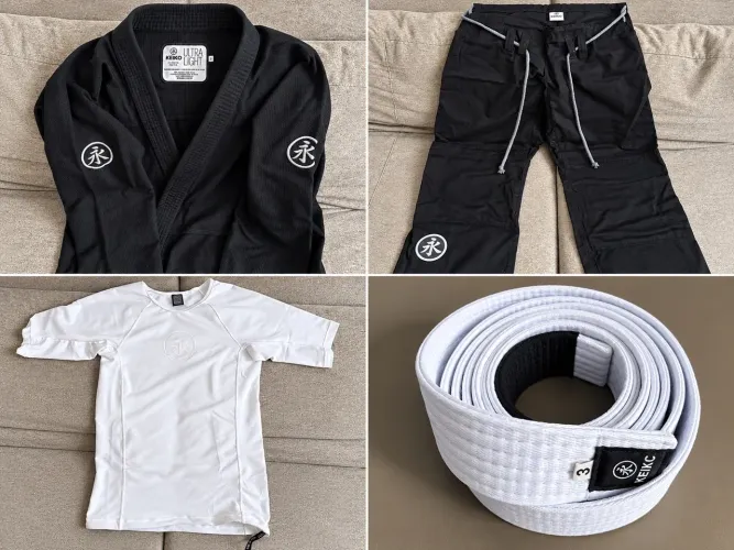 KIT COMPLETO DE JIU-JITSU KEIKO - KIMONO A3 + RASHGUARD GG + FAIXA BRANCA A3