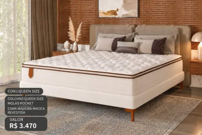 Conj.queen size, colchao molas pocket cama madeira macica revestida