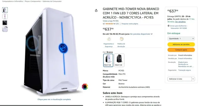 Gabinete Gamer PCYes Branco + 3 Fans Inclusas - Excelente Fluxo de Ar