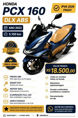  HONDA PCX 160 DLX ABS 2023 - IMPECÁVEL!