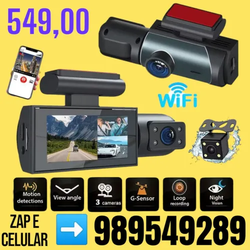 câmera de segurança automotiva (dash cam) com três lentes.