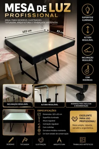 Mesa de Luz Profissional 103x83cm - Regulável - R$ 600