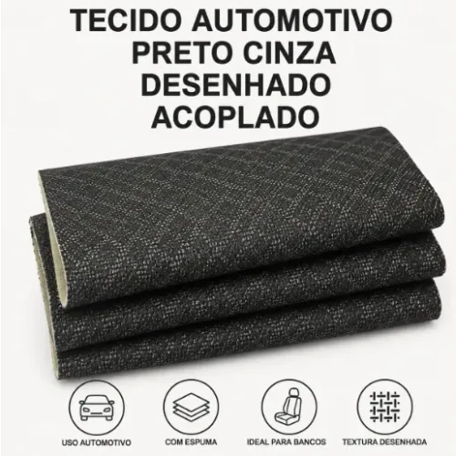Tecido Automotivo Preto Cinza Desenhado Acoplado com Espuma - Venda por Metro
