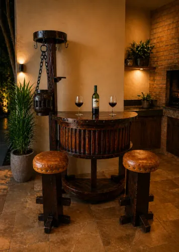 Bar Rústico Área Gourmet Completo com Bancos e Adega Madeira