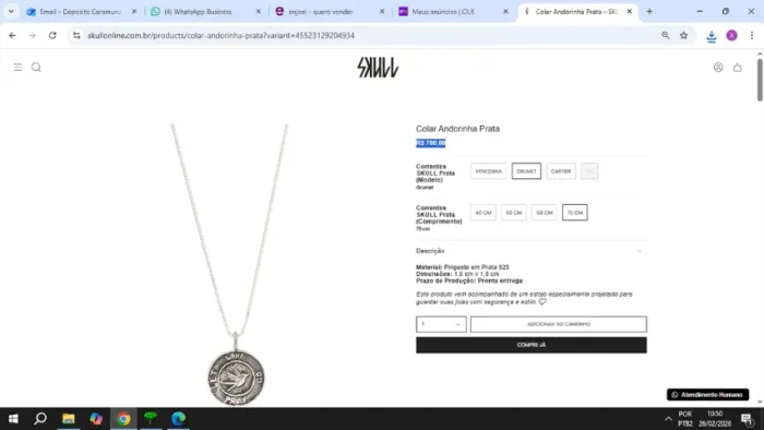 colar andorinha prata skull sp