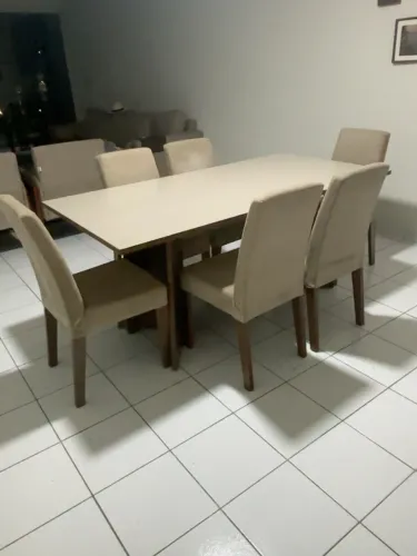 MESA DE JANTAR 6 LUGARES + 6 CADEIRAS ESTOFADAS