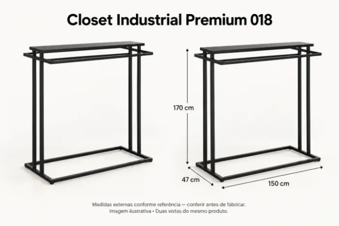 Arara industrial dupla com prateleira superior para roupas