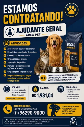 Vaga para Ajudante Geral/ Auxiliar de Loja