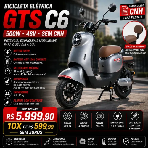 Bicicleta Elétrica GTS C6 500W 48V 30km Autonomia 32km/h Nova Sem CNH