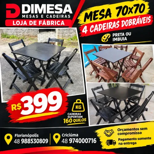 Mesa 70x70 com 4 cadeiras dobráveis preta ou imbuia