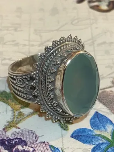 Anel Prata e Calcedônia azul natural Aro 24