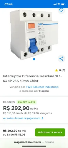Interruptor Diferencial Residual NL1-63 4P 25A 30mA Chint